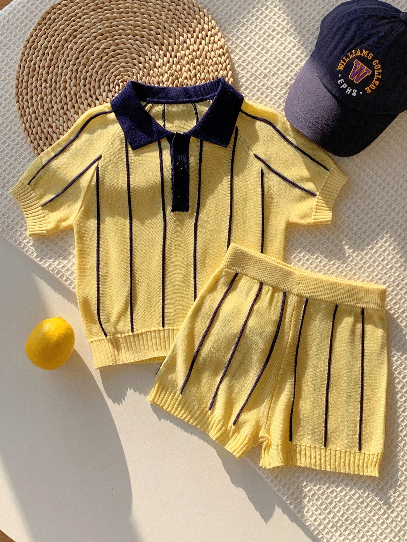2pcs Baby Boy/Girl Summer Casual Yellow Striped Polo Shirt & Shorts Set, Knit Set, Knitwear Set, Breathable Set, Infant Outfit