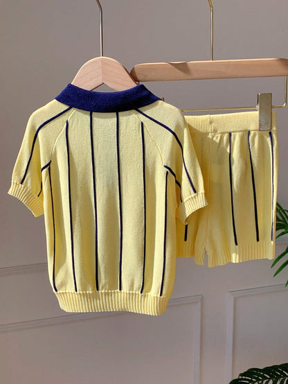2pcs Baby Boy/Girl Summer Casual Yellow Striped Polo Shirt & Shorts Set, Knit Set, Knitwear Set, Breathable Set, Infant Outfit