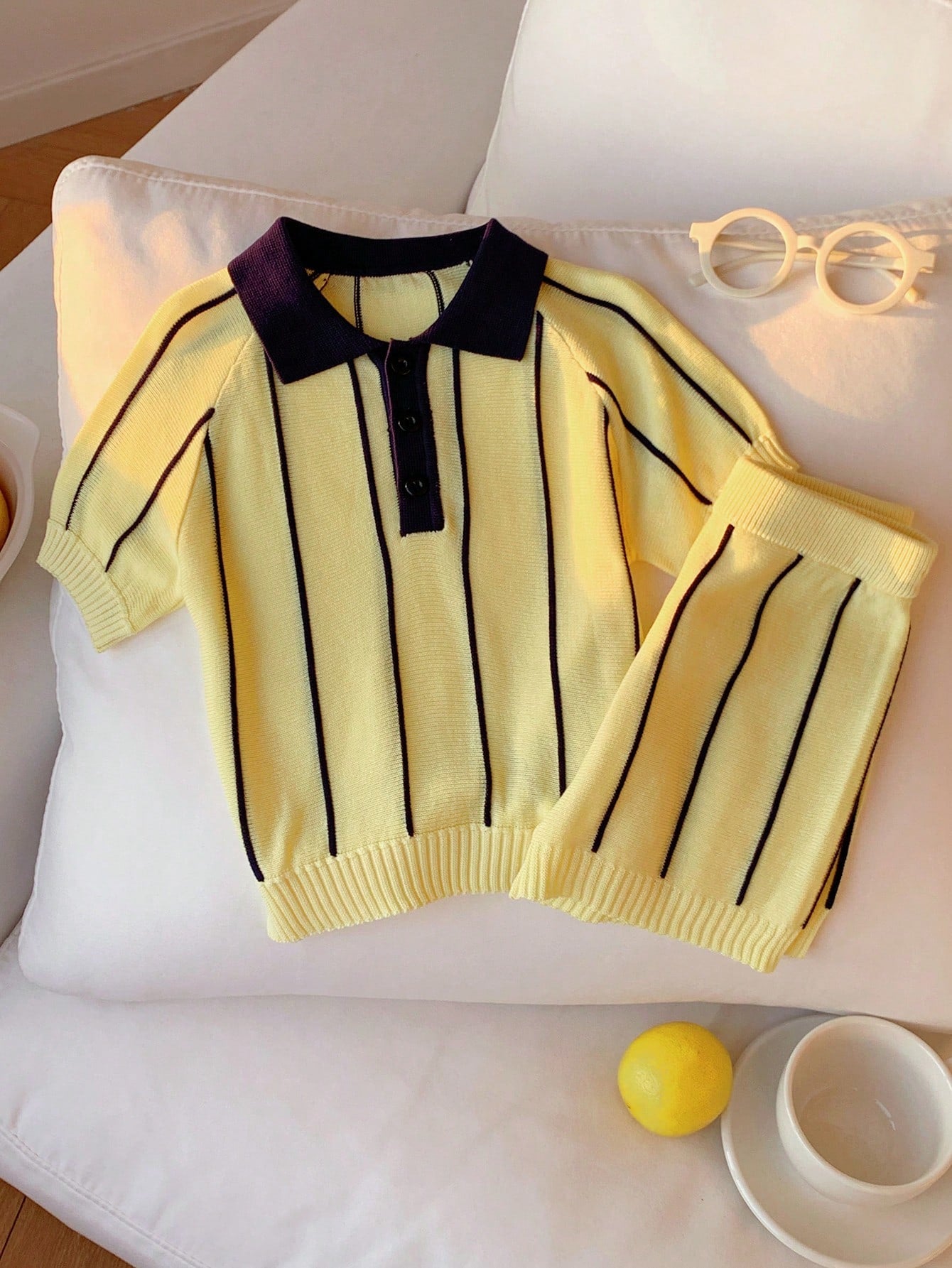 2pcs Baby Boy/Girl Summer Casual Yellow Striped Polo Shirt & Shorts Set, Knit Set, Knitwear Set, Breathable Set, Infant Outfit