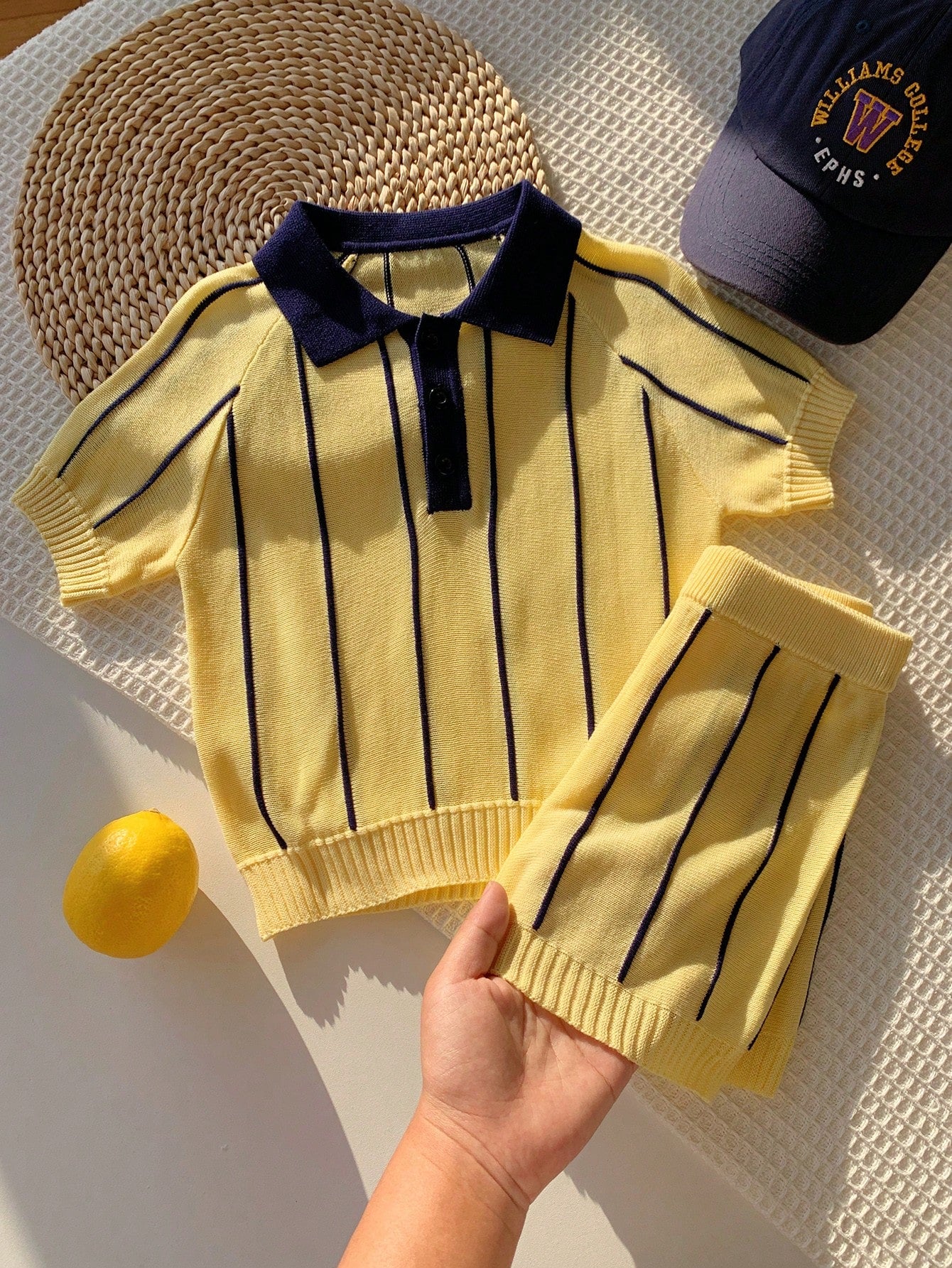2pcs Baby Boy/Girl Summer Casual Yellow Striped Polo Shirt & Shorts Set, Knit Set, Knitwear Set, Breathable Set, Infant Outfit