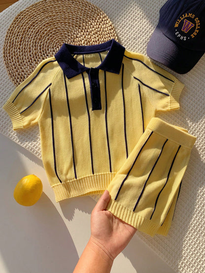2pcs Baby Boy/Girl Summer Casual Yellow Striped Polo Shirt & Shorts Set, Knit Set, Knitwear Set, Breathable Set, Infant Outfit