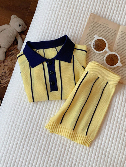 2pcs Baby Boy/Girl Summer Casual Yellow Striped Polo Shirt & Shorts Set, Knit Set, Knitwear Set, Breathable Set, Infant Outfit