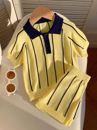 2pcs Baby Boy/Girl Summer Casual Yellow Striped Polo Shirt & Shorts Set, Knit Set, Knitwear Set, Breathable Set, Infant Outfit