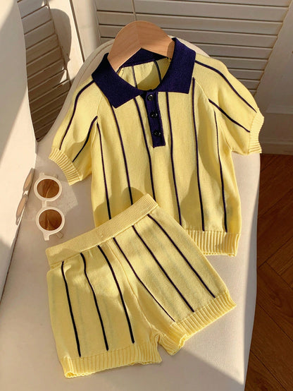 2pcs Baby Boy/Girl Summer Casual Yellow Striped Polo Shirt & Shorts Set, Knit Set, Knitwear Set, Breathable Set, Infant Outfit