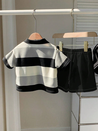 2pcs Baby Boy Striped Polo Shirt And White Shorts Set,Black And White Checkered,Summer,Casual,Family Matching Outfit For Party,Birthday & Wedding