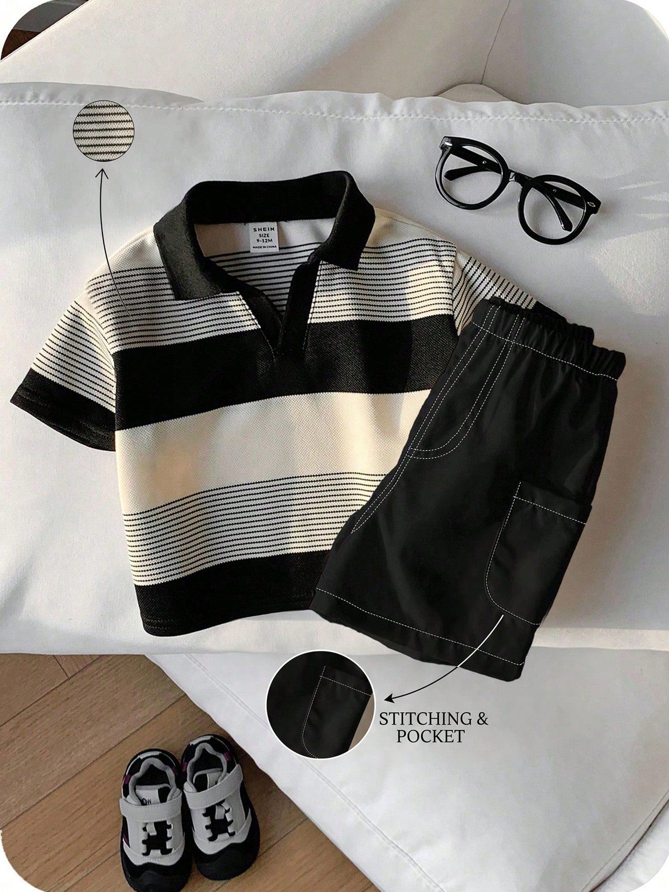 2pcs Baby Boy Striped Polo Shirt And White Shorts Set,Black And White Checkered,Summer,Casual,Family Matching Outfit For Party,Birthday & Wedding