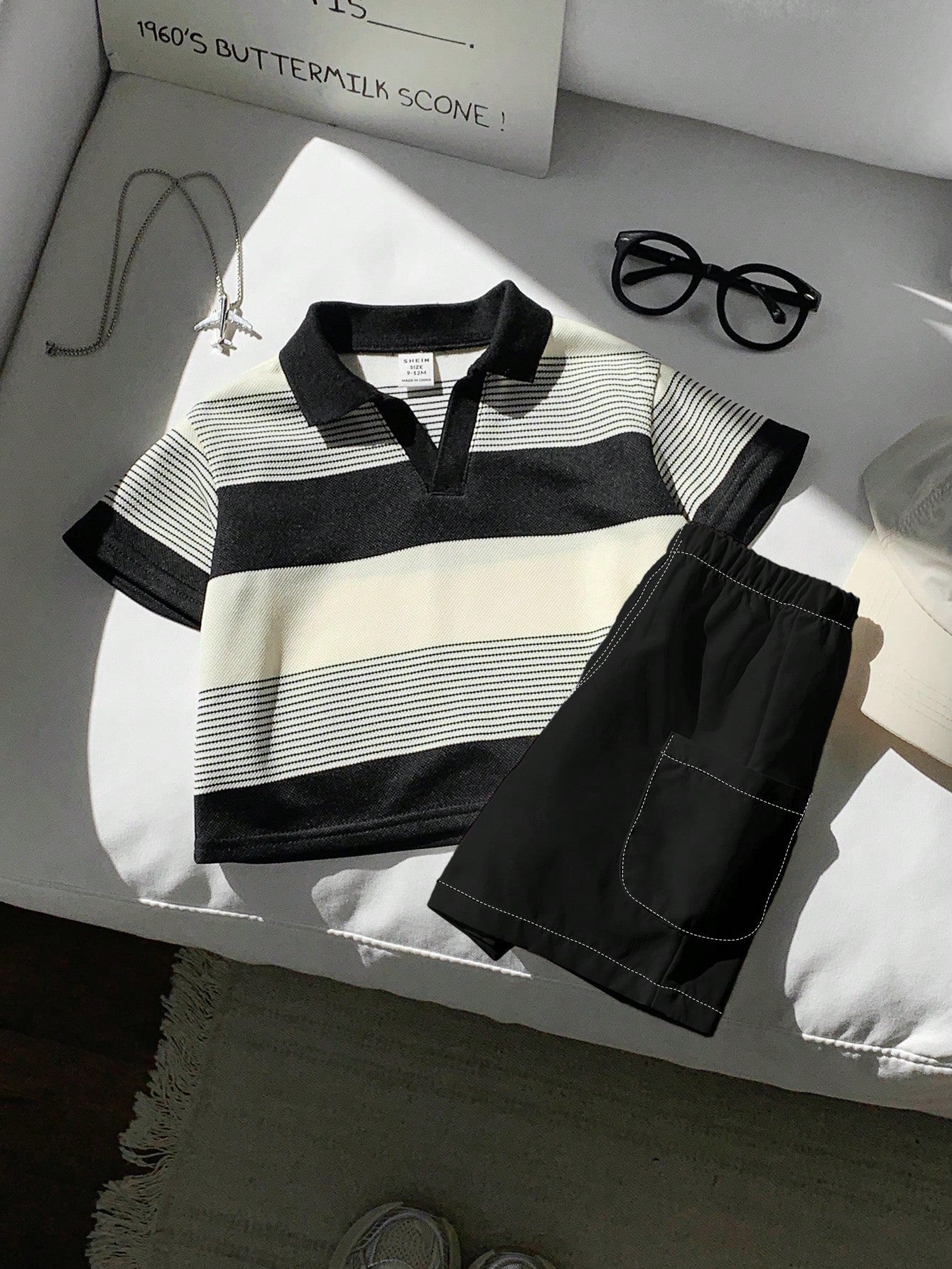 2pcs Baby Boy Striped Polo Shirt And White Shorts Set,Black And White Checkered,Summer,Casual,Family Matching Outfit For Party,Birthday & Wedding