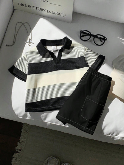 2pcs Baby Boy Striped Polo Shirt And White Shorts Set,Black And White Checkered,Summer,Casual,Family Matching Outfit For Party,Birthday & Wedding