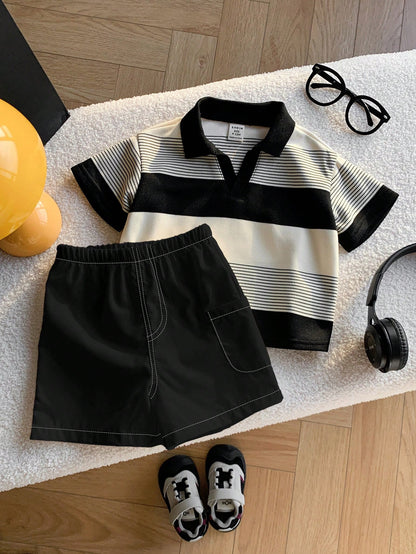 2pcs Baby Boy Striped Polo Shirt And White Shorts Set,Black And White Checkered,Summer,Casual,Family Matching Outfit For Party,Birthday & Wedding