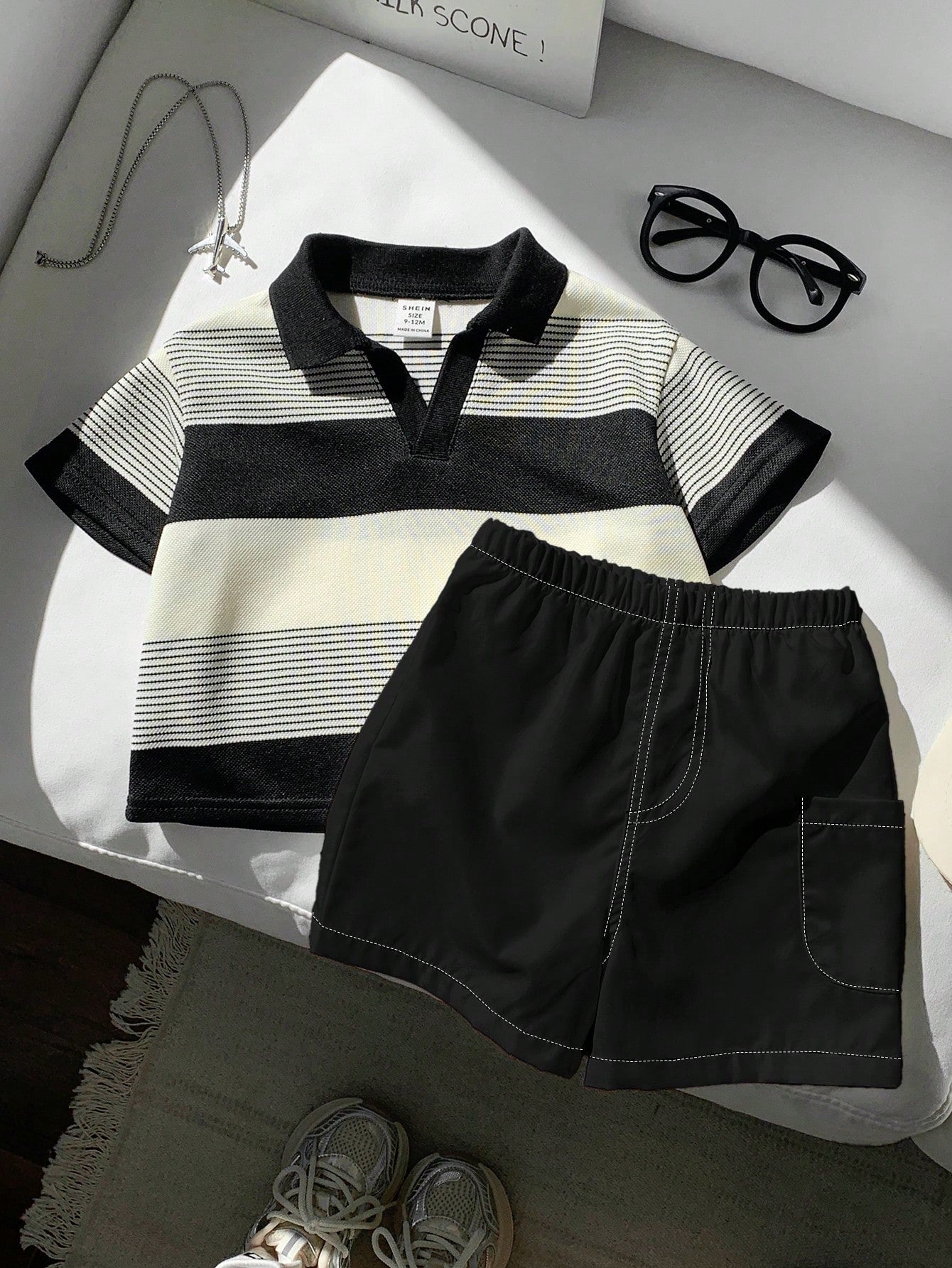 2pcs Baby Boy Striped Polo Shirt And White Shorts Set,Black And White Checkered,Summer,Casual,Family Matching Outfit For Party,Birthday & Wedding