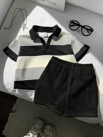 2pcs Baby Boy Striped Polo Shirt And White Shorts Set,Black And White Checkered,Summer,Casual,Family Matching Outfit For Party,Birthday & Wedding