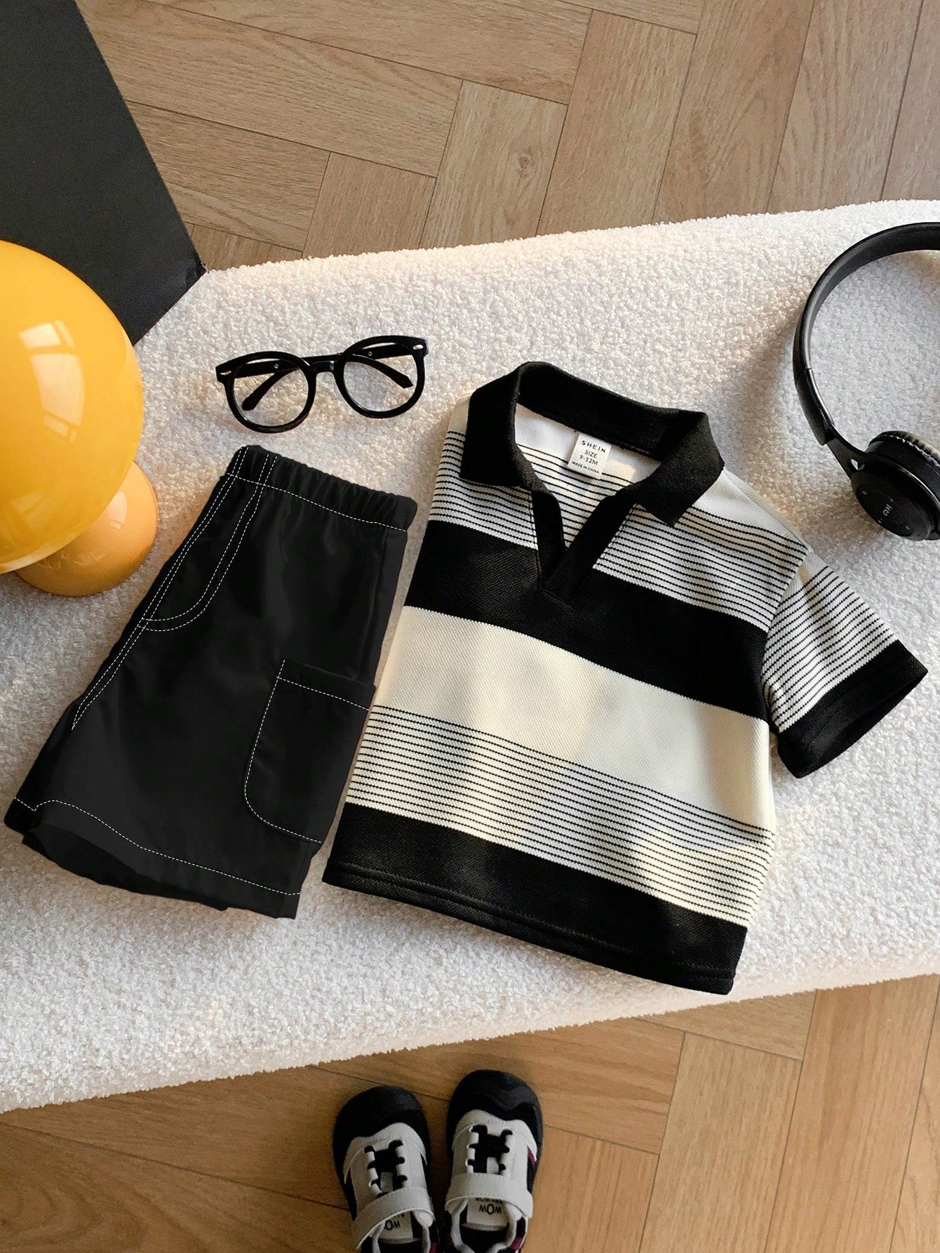 2pcs Baby Boy Striped Polo Shirt And White Shorts Set,Black And White Checkered,Summer,Casual,Family Matching Outfit For Party,Birthday & Wedding
