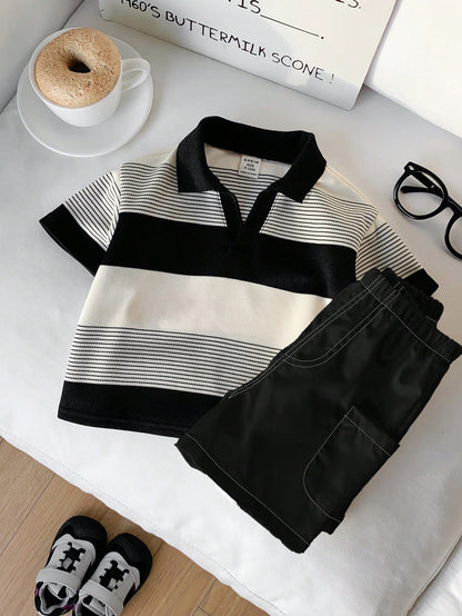 2pcs Baby Boy Striped Polo Shirt And White Shorts Set,Black And White Checkered,Summer,Casual,Family Matching Outfit For Party,Birthday & Wedding