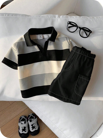 2pcs Baby Boy Striped Polo Shirt And White Shorts Set,Black And White Checkered,Summer,Casual,Family Matching Outfit For Party,Birthday & Wedding