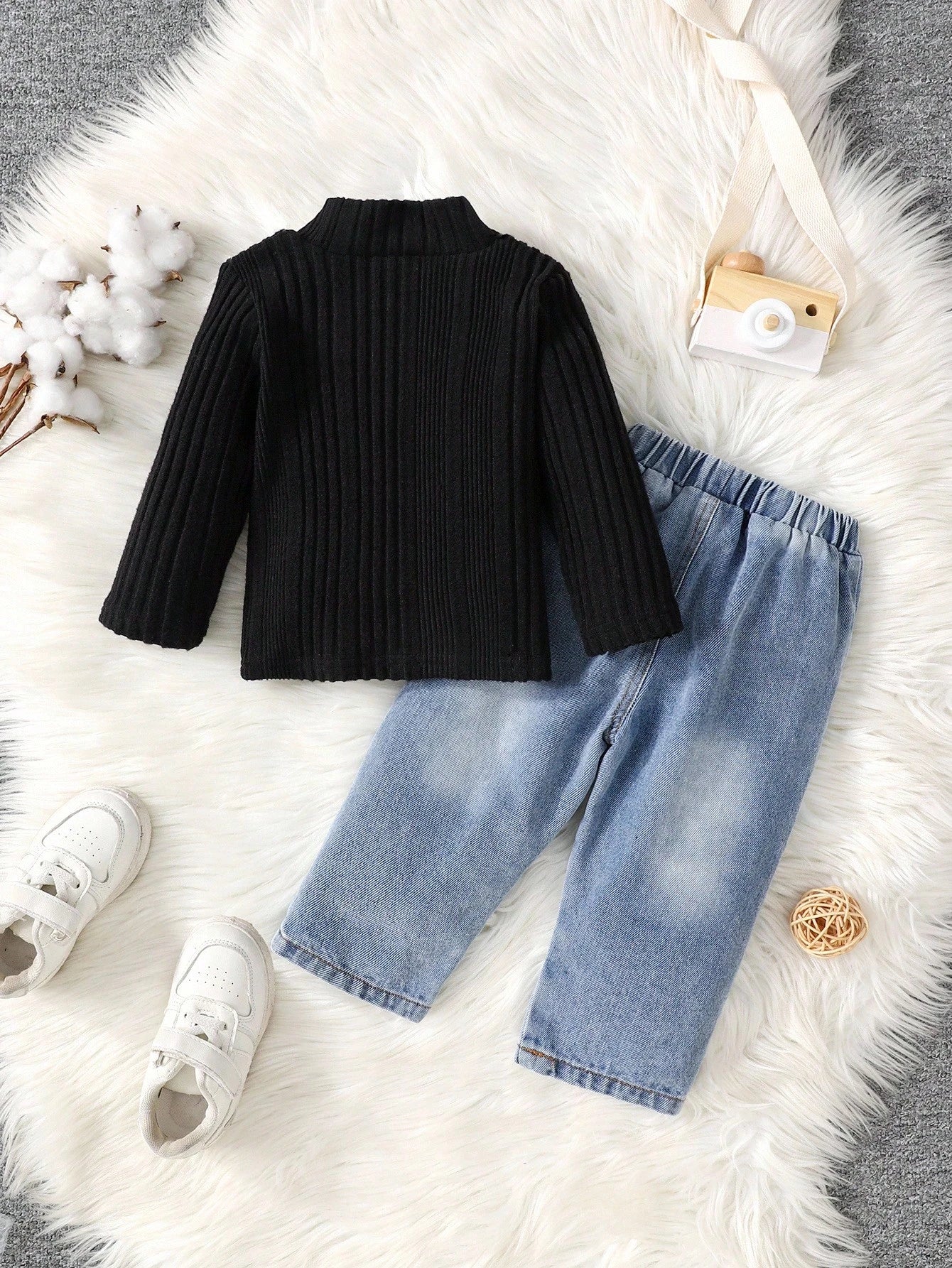 2pcs Baby Boys Black Thermal Lined Knit Long Sleeve Top & Denim Pants Set,Autumn Casual Date Outfit,Comfortable Basic Streetwear For Fall Winter