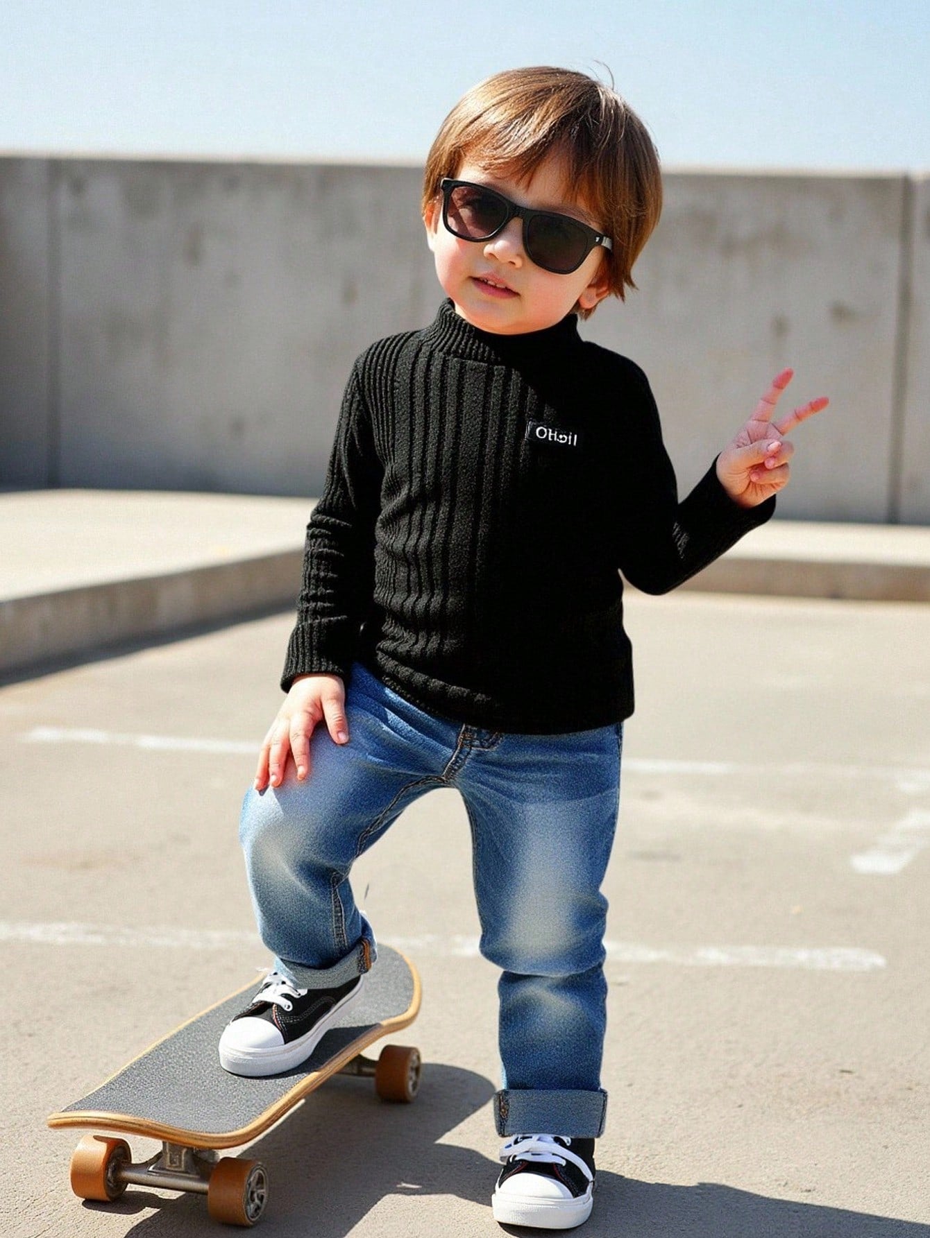 2pcs Baby Boys Black Thermal Lined Knit Long Sleeve Top & Denim Pants Set,Autumn Casual Date Outfit,Comfortable Basic Streetwear For Fall Winter