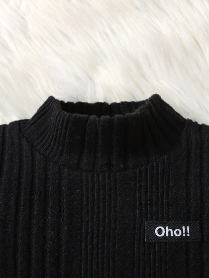 2pcs Baby Boys Black Thermal Lined Knit Long Sleeve Top & Denim Pants Set,Autumn Casual Date Outfit,Comfortable Basic Streetwear For Fall Winter
