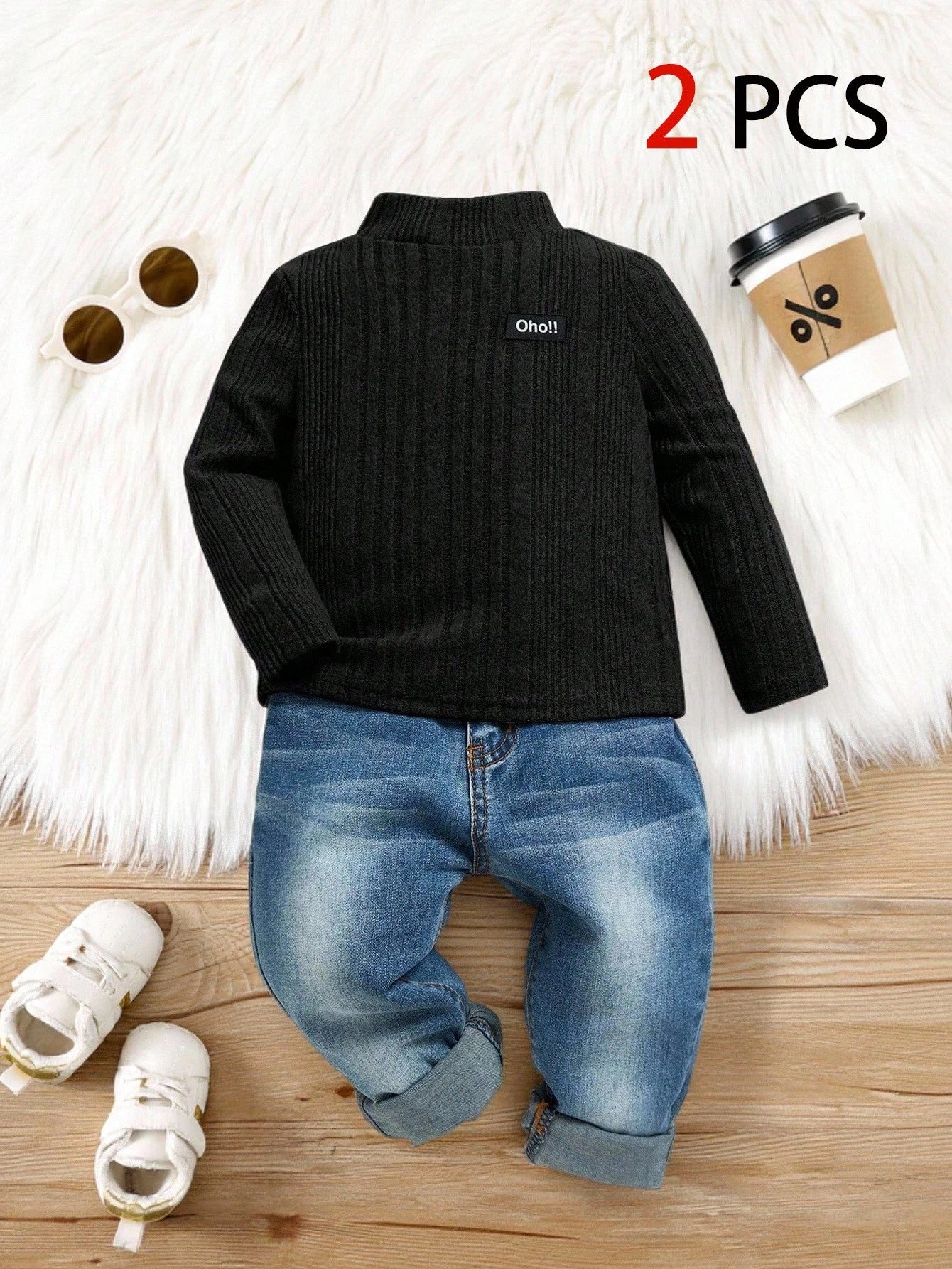 2pcs Baby Boys Black Thermal Lined Knit Long Sleeve Top & Denim Pants Set,Autumn Casual Date Outfit,Comfortable Basic Streetwear For Fall Winter