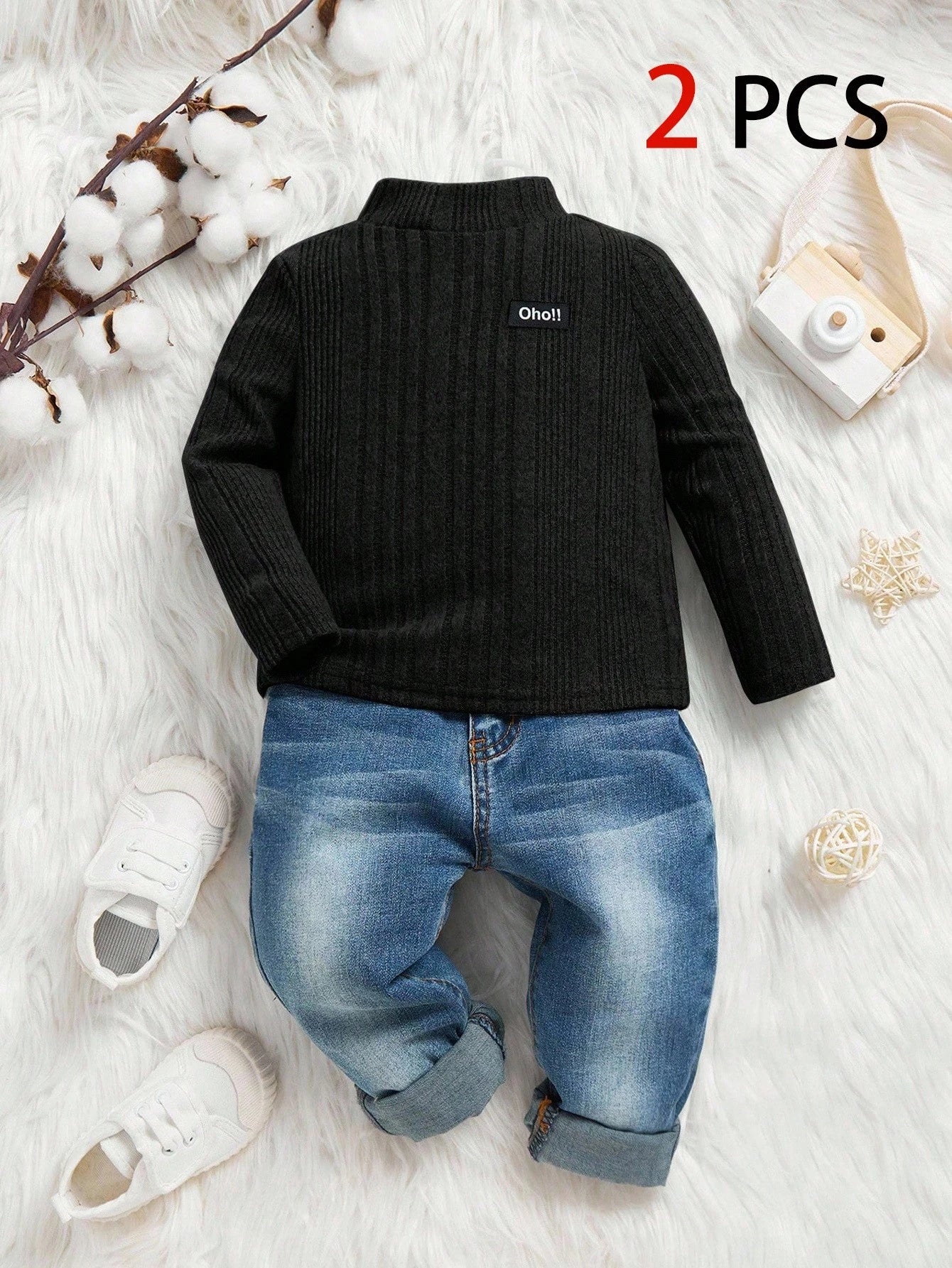 2pcs Baby Boys Black Thermal Lined Knit Long Sleeve Top & Denim Pants Set,Autumn Casual Date Outfit,Comfortable Basic Streetwear For Fall Winter