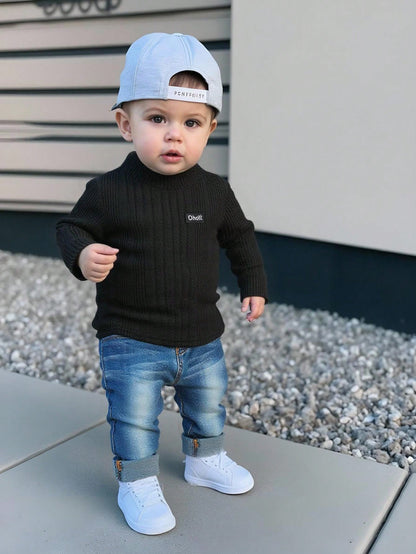 2pcs Baby Boys Black Thermal Lined Knit Long Sleeve Top & Denim Pants Set,Autumn Casual Date Outfit,Comfortable Basic Streetwear For Fall Winter