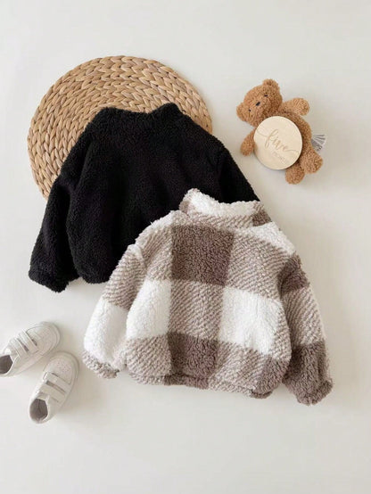 2pcs Baby Girl Autumn/Winter Cute Versatile Casual Fuzzy Stand Collar Jacket