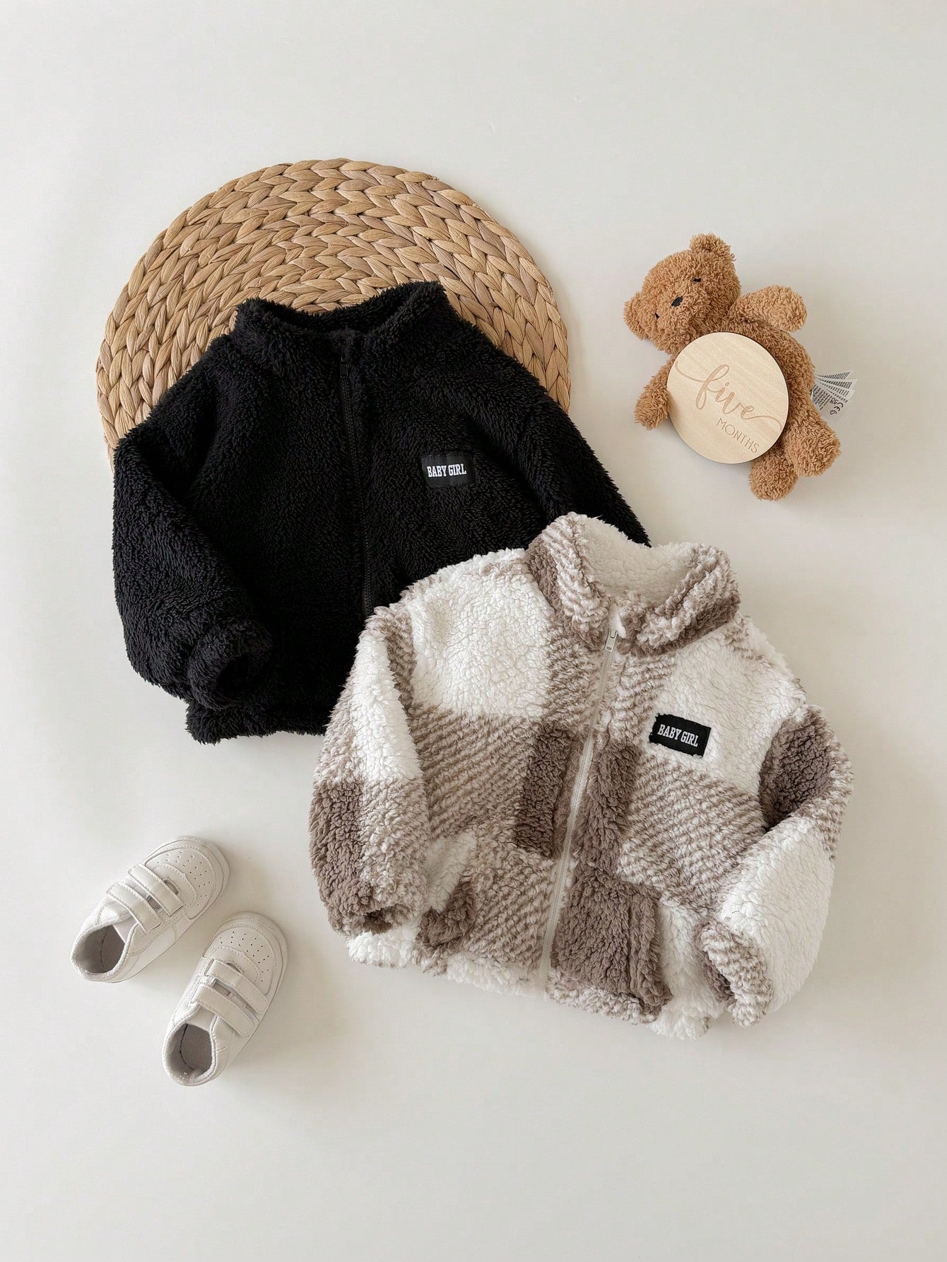 2pcs Baby Girl Autumn/Winter Cute Versatile Casual Fuzzy Stand Collar Jacket