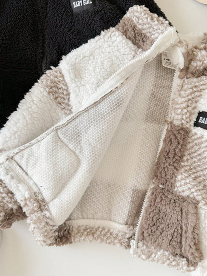2pcs Baby Girl Autumn/Winter Cute Versatile Casual Fuzzy Stand Collar Jacket