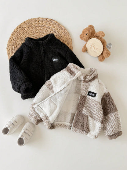 2pcs Baby Girl Autumn/Winter Cute Versatile Casual Fuzzy Stand Collar Jacket
