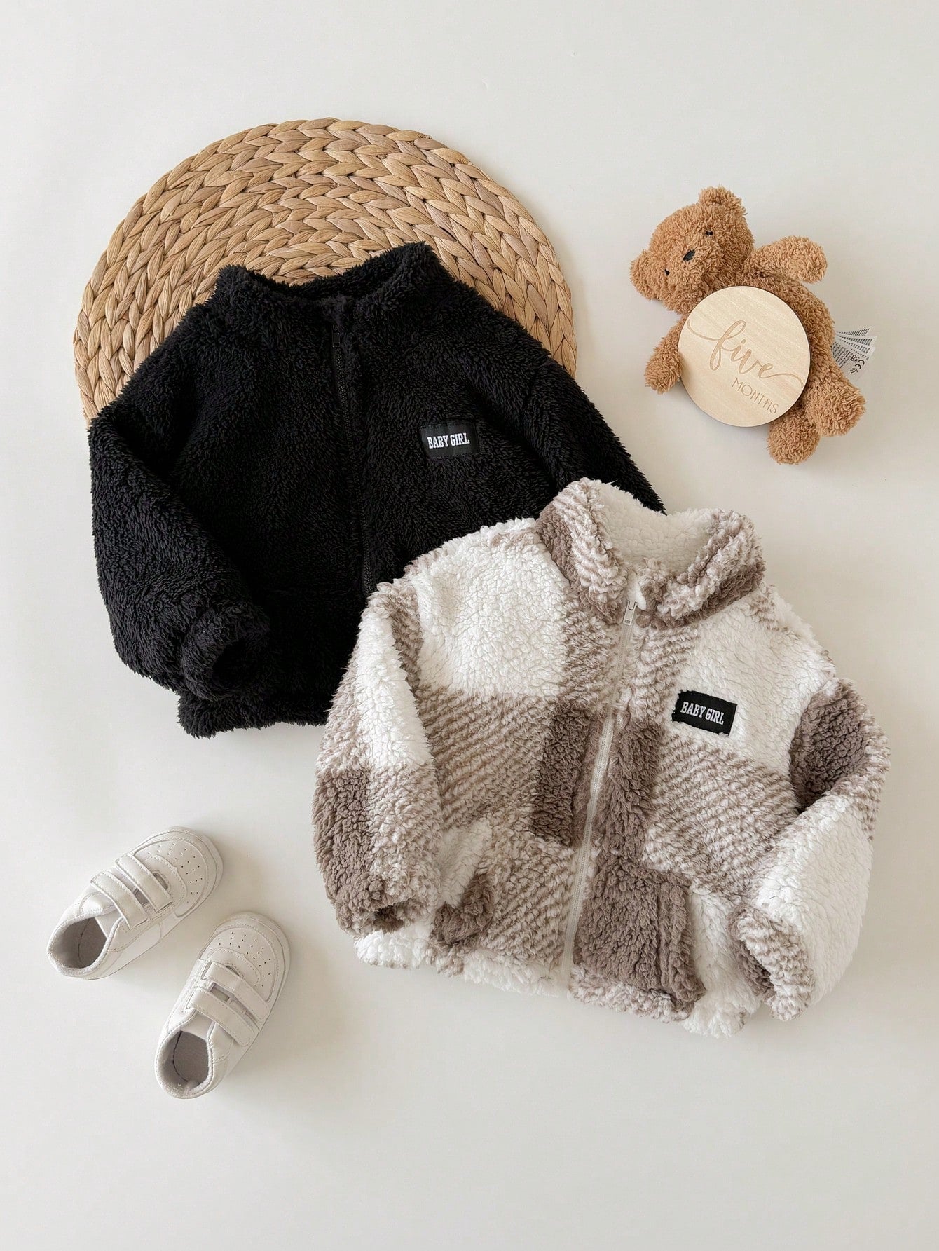 2pcs Baby Girl Autumn/Winter Cute Versatile Casual Fuzzy Stand Collar Jacket