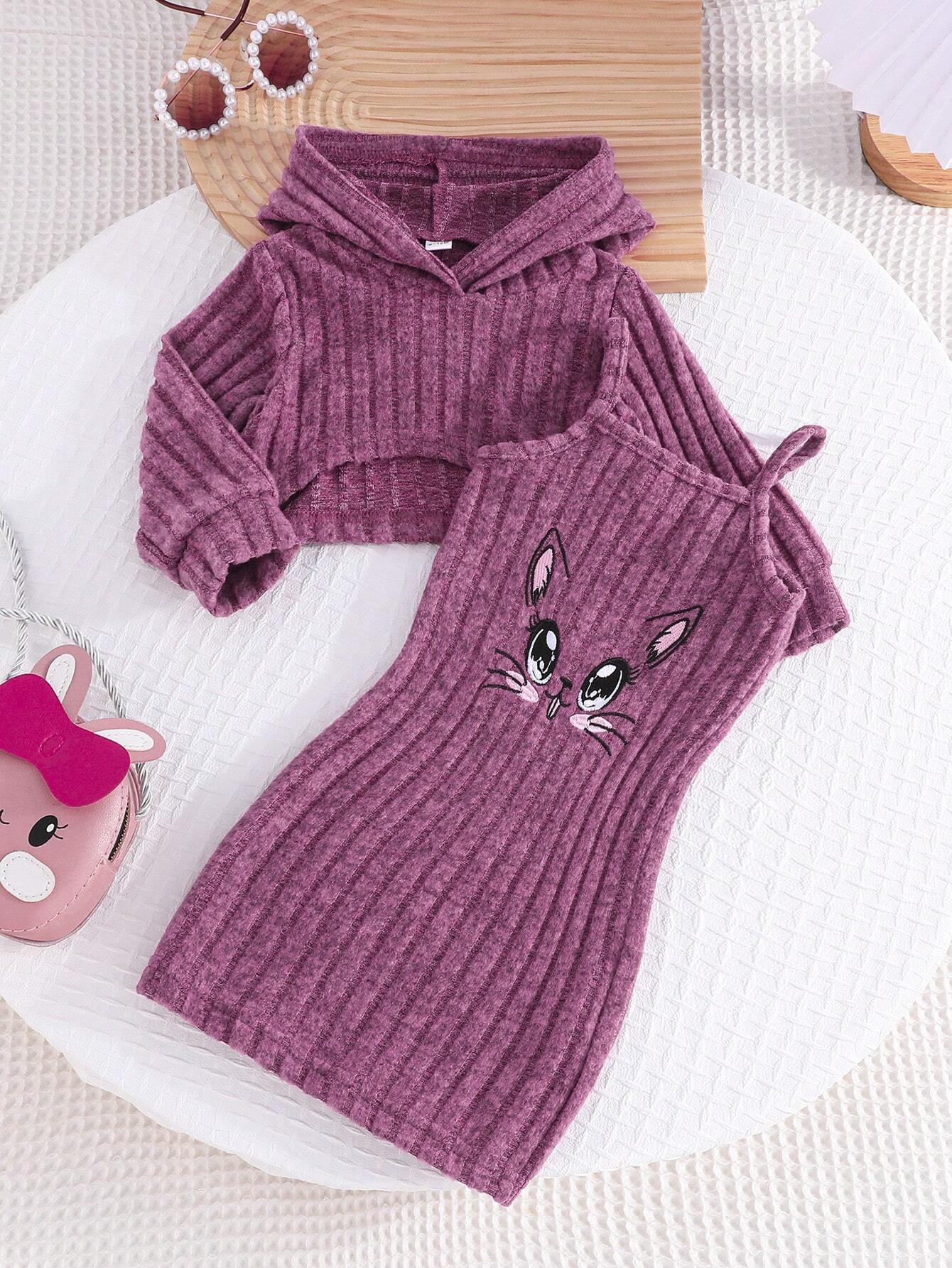 2pcs Baby Girls Spring Autumn Set, Long Sleeve Hooded Crop Top Paired With Cute Cat Graphic Print Casual Dress, 2 Pieces Outfit