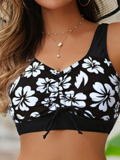 2pcs Black & White Floral Print Drawstring Bikini Set, Black Triangle Skirt And Drawstring Camisole Swimwear For Women Vacation Beach Summer