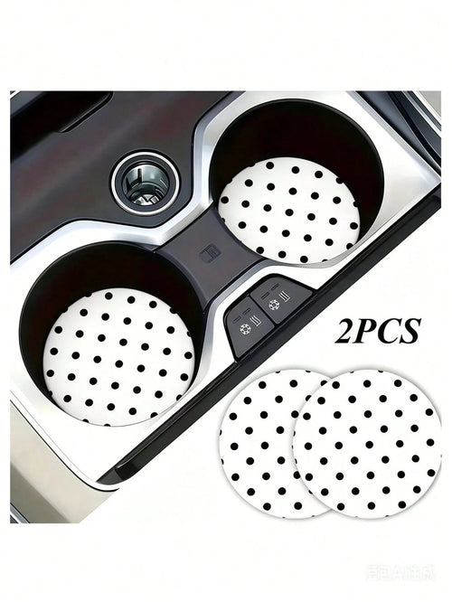2pcs Black & White Polka Dot Cup Holder Coasters, Car Interior Decoration, Car Accessories, Non-Slip Car Beverage Mat, Unisex, Universal Drink Coaster For Car Interior, Ideal Birthday And Everyday Gif