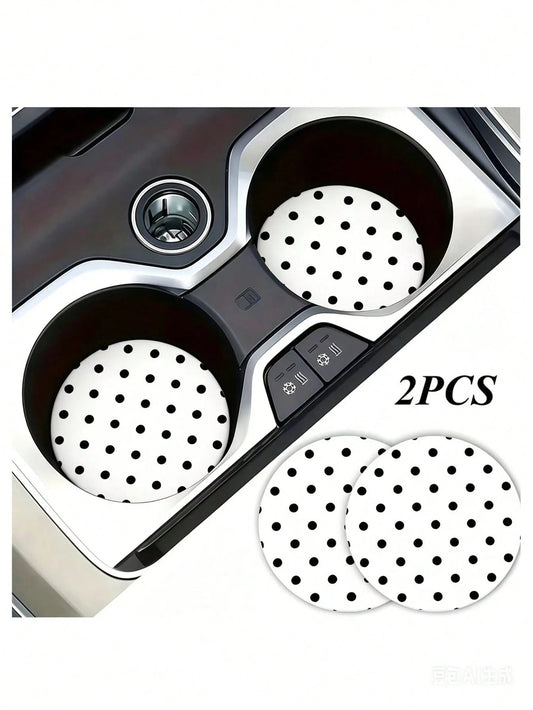 2pcs Black & White Polka Dot Cup Holder Coasters, Car Interior Decoration, Car Accessories, Non-Slip Car Beverage Mat, Unisex, Universal Drink Coaster For Car Interior, Ideal Birthday And Everyday Gif