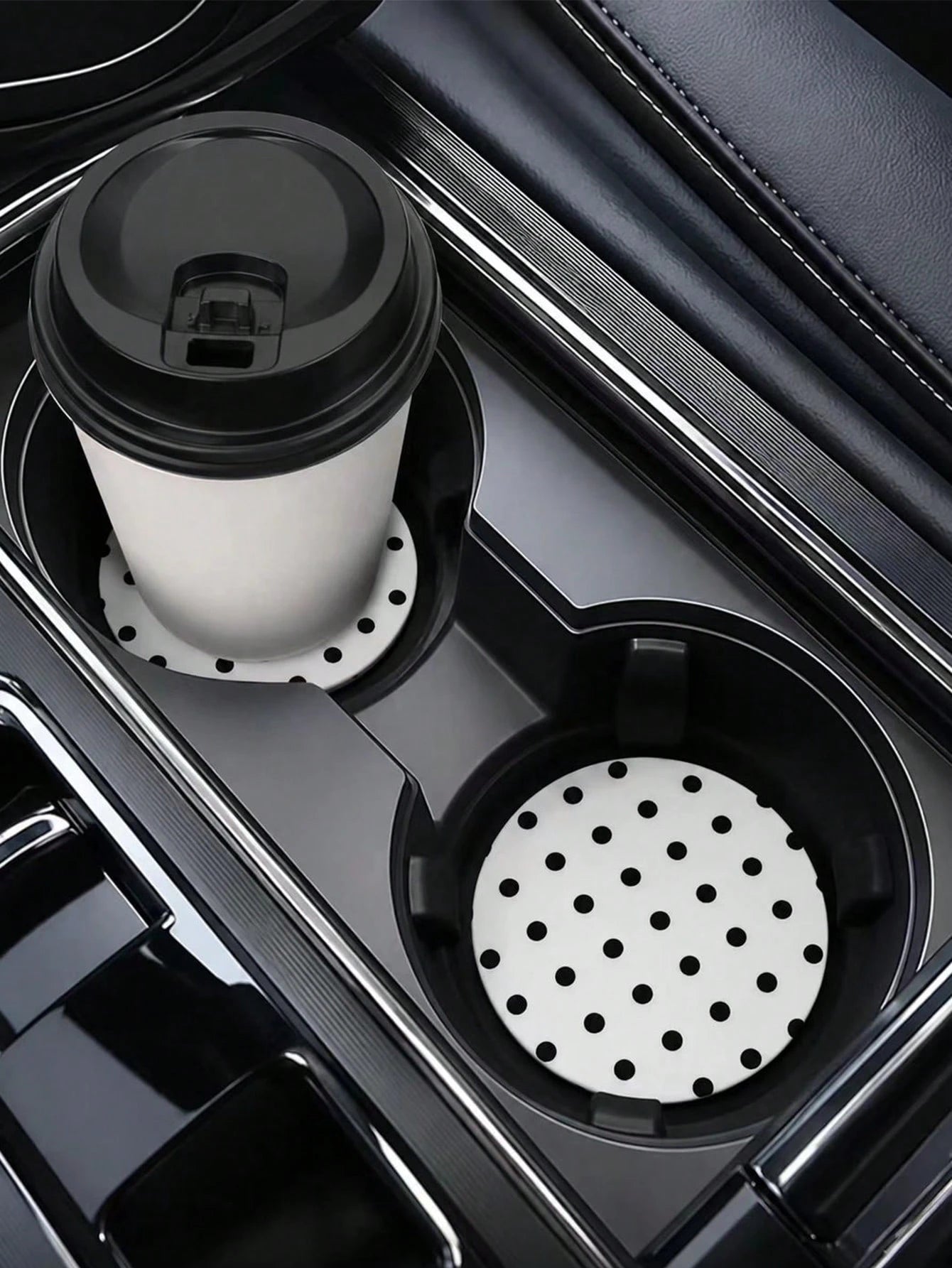 2pcs Black & White Polka Dot Cup Holder Coasters, Car Interior Decoration, Car Accessories, Non-Slip Car Beverage Mat, Unisex, Universal Drink Coaster For Car Interior, Ideal Birthday And Everyday Gif