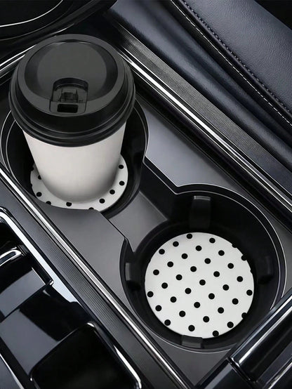 2pcs Black & White Polka Dot Cup Holder Coasters, Car Interior Decoration, Car Accessories, Non-Slip Car Beverage Mat, Unisex, Universal Drink Coaster For Car Interior, Ideal Birthday And Everyday Gif