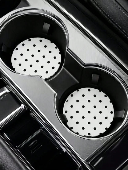 2pcs Black & White Polka Dot Cup Holder Coasters, Car Interior Decoration, Car Accessories, Non-Slip Car Beverage Mat, Unisex, Universal Drink Coaster For Car Interior, Ideal Birthday And Everyday Gif