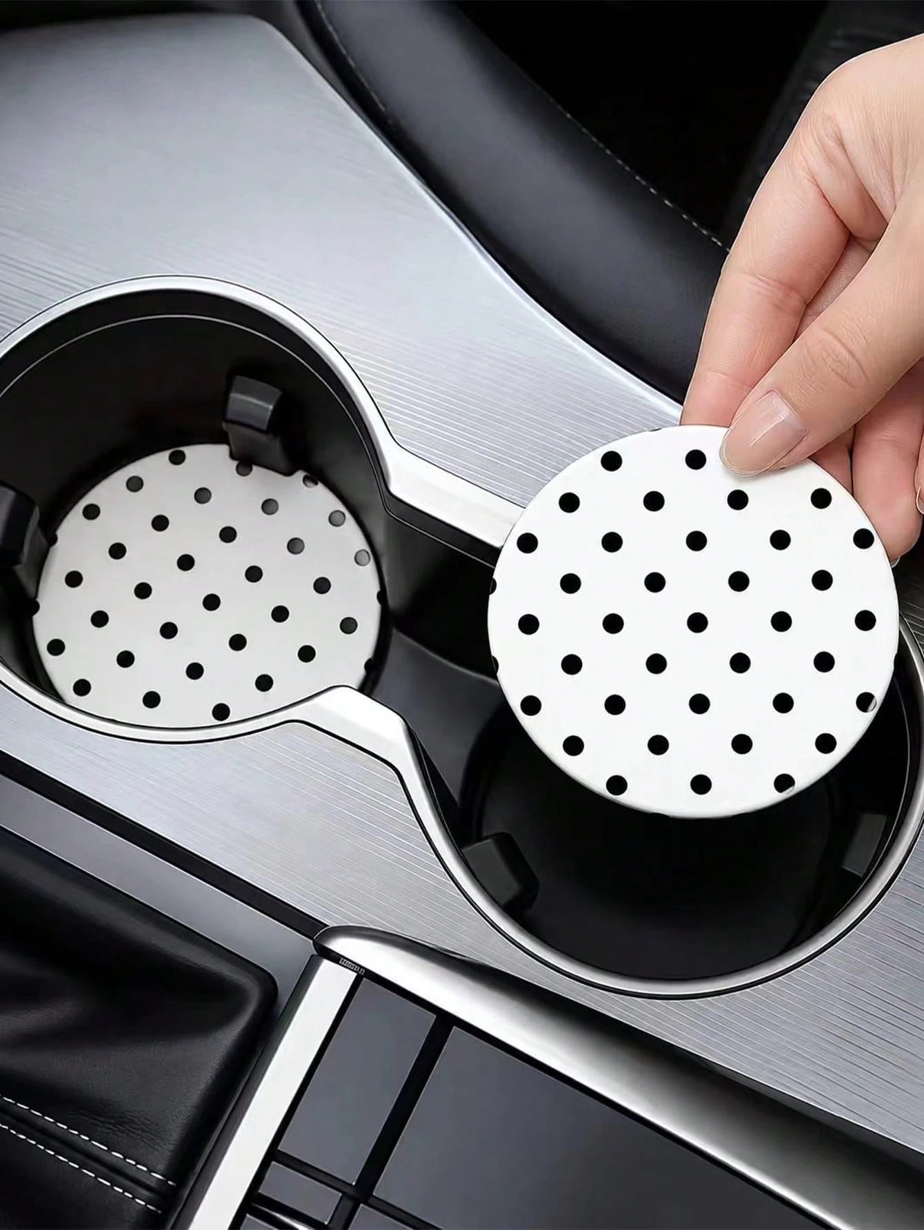 2pcs Black & White Polka Dot Cup Holder Coasters, Car Interior Decoration, Car Accessories, Non-Slip Car Beverage Mat, Unisex, Universal Drink Coaster For Car Interior, Ideal Birthday And Everyday Gif