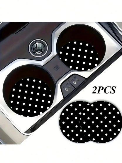 2pcs Black & White Polka Dot Cup Holder Coasters, Car Interior Decoration, Car Accessories, Non-Slip Car Beverage Mat, Unisex, Universal Drink Coaster For Car Interior, Ideal Birthday And Everyday Gif