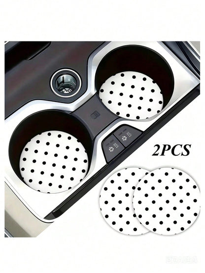 2pcs Black & White Polka Dot Cup Holder Coasters, Car Interior Decoration, Car Accessories, Non-Slip Car Beverage Mat, Unisex, Universal Drink Coaster For Car Interior, Ideal Birthday And Everyday Gif