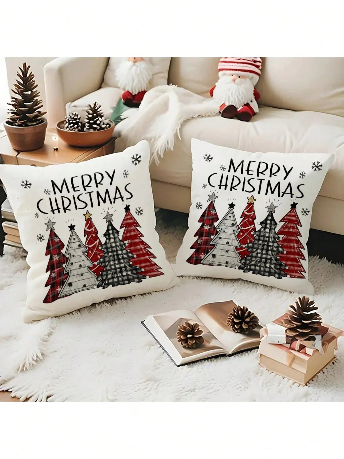 2pcs Buffalo Plaid Christmas Pillow Covers (No Insert), Red/Black Plaid Pattern, Christmas Tree/Snowflake Pattern, Festive Holiday Atmosphere, Can Be Used As Christmas Cushion Covers, Suitable For Cou