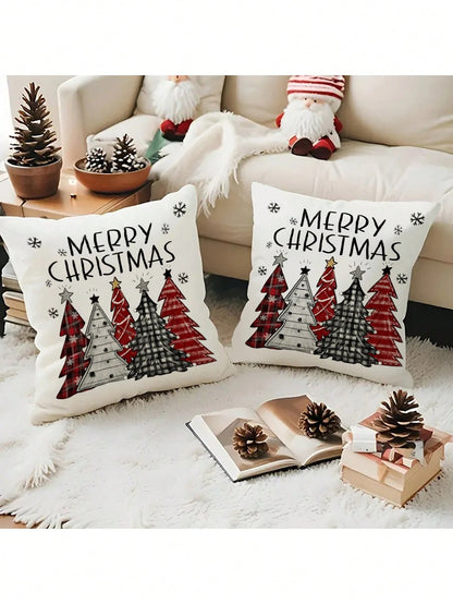 2pcs Buffalo Plaid Christmas Pillow Covers (No Insert), Red/Black Plaid Pattern, Christmas Tree/Snowflake Pattern, Festive Holiday Atmosphere, Can Be Used As Christmas Cushion Covers, Suitable For Cou