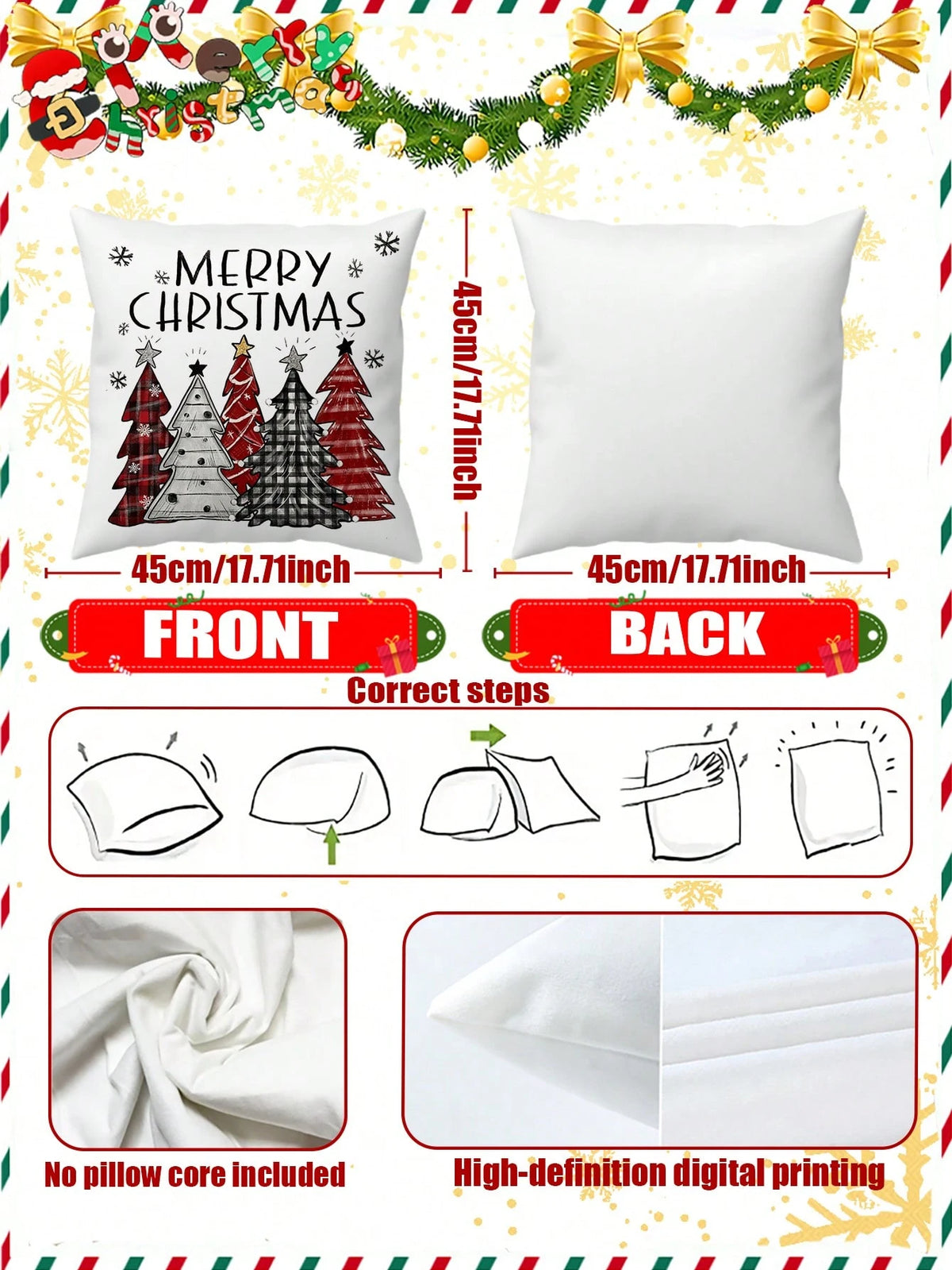 2pcs Buffalo Plaid Christmas Pillow Covers (No Insert), Red/Black Plaid Pattern, Christmas Tree/Snowflake Pattern, Festive Holiday Atmosphere, Can Be Used As Christmas Cushion Covers, Suitable For Cou