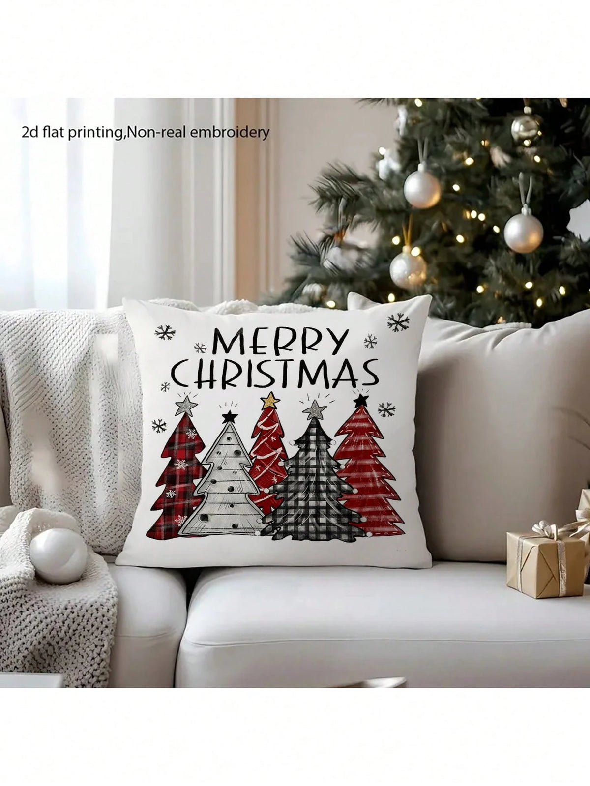 2pcs Buffalo Plaid Christmas Pillow Covers (No Insert), Red/Black Plaid Pattern, Christmas Tree/Snowflake Pattern, Festive Holiday Atmosphere, Can Be Used As Christmas Cushion Covers, Suitable For Cou
