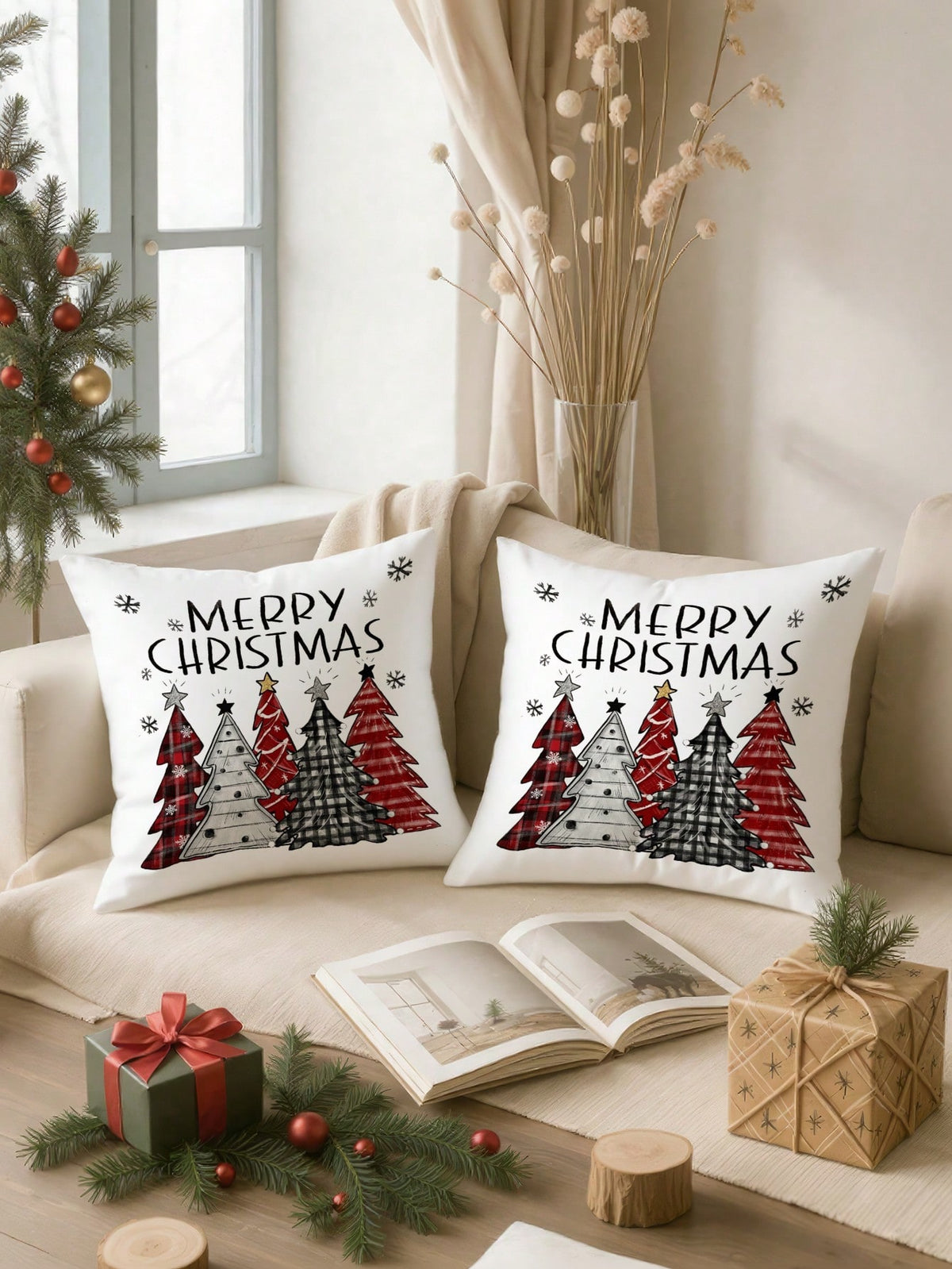 2pcs Buffalo Plaid Christmas Pillow Covers (No Insert), Red/Black Plaid Pattern, Christmas Tree/Snowflake Pattern, Festive Holiday Atmosphere, Can Be Used As Christmas Cushion Covers, Suitable For Cou