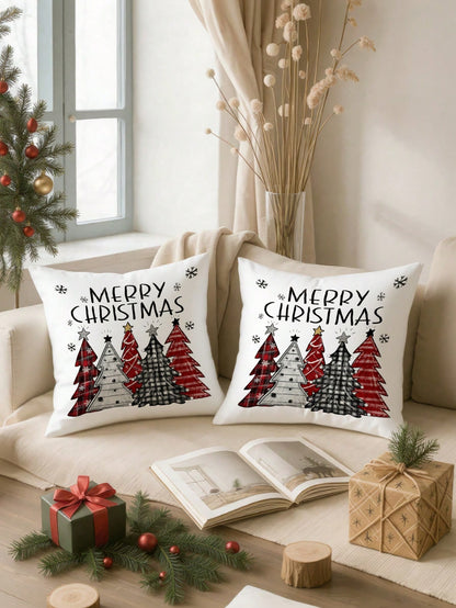 2pcs Buffalo Plaid Christmas Pillow Covers (No Insert), Red/Black Plaid Pattern, Christmas Tree/Snowflake Pattern, Festive Holiday Atmosphere, Can Be Used As Christmas Cushion Covers, Suitable For Cou