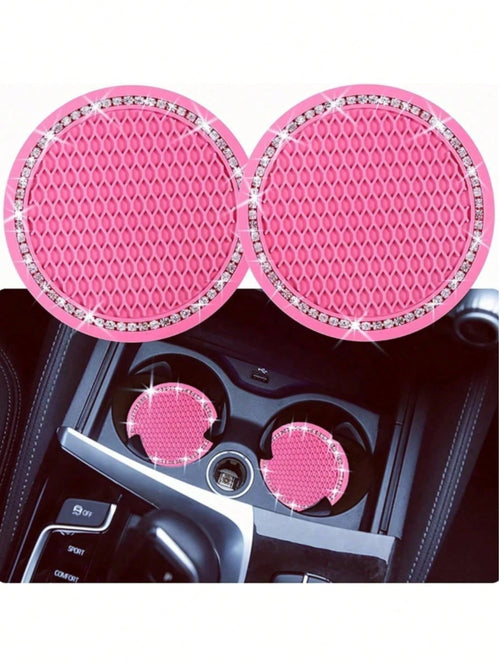 2pcs Car Cup Holder Coasters, Soft Rubber Mesh Faux Diamond Non-Slip Creative Cup Mats, Easy To Clean, Heat Resistant