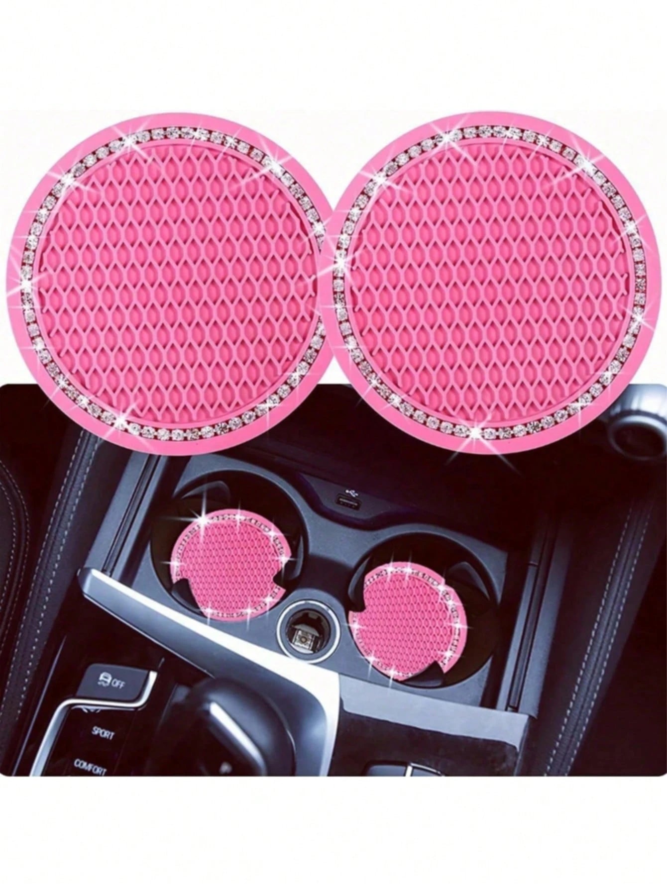 2pcs Car Cup Holder Coasters, Soft Rubber Mesh Faux Diamond Non-Slip Creative Cup Mats, Easy To Clean, Heat Resistant