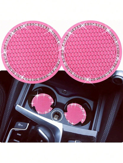 2pcs Car Cup Holder Coasters, Soft Rubber Mesh Faux Diamond Non-Slip Creative Cup Mats, Easy To Clean, Heat Resistant