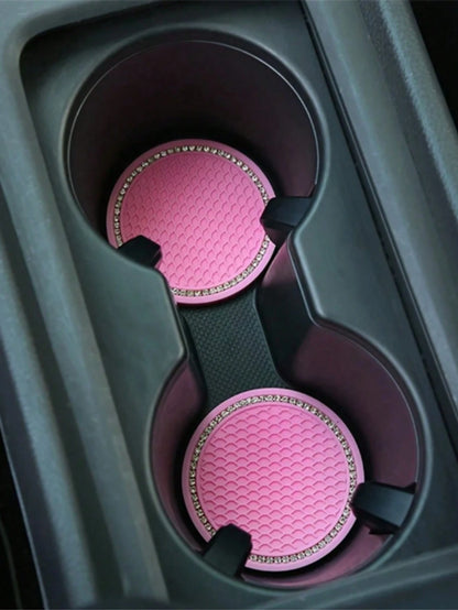 2pcs Car Cup Holder Coasters, Soft Rubber Mesh Faux Diamond Non-Slip Creative Cup Mats, Easy To Clean, Heat Resistant