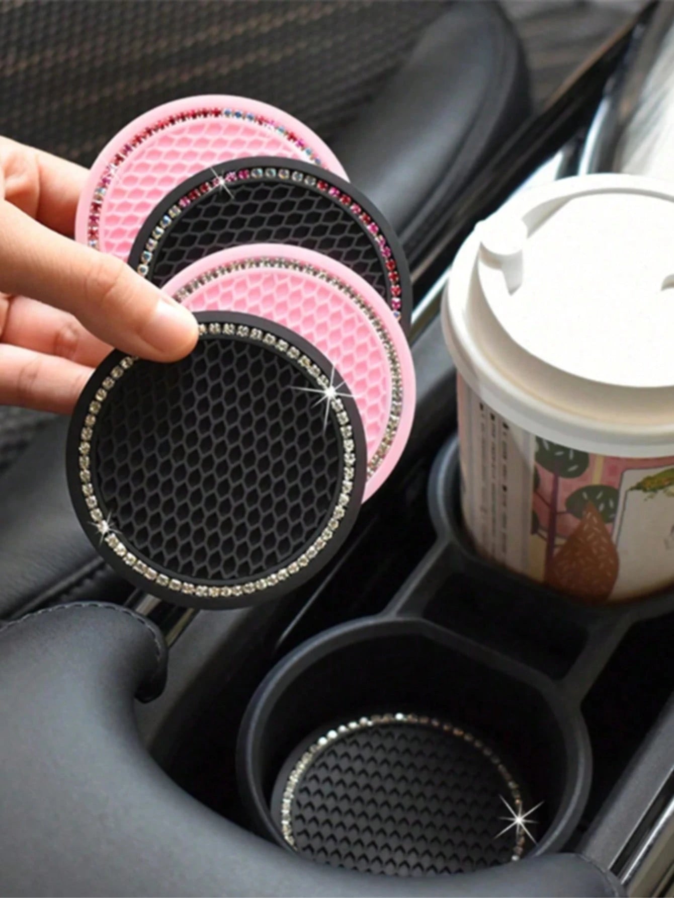2pcs Car Cup Holder Coasters, Soft Rubber Mesh Faux Diamond Non-Slip Creative Cup Mats, Easy To Clean, Heat Resistant